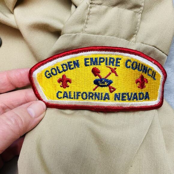BSA Boy Scouts of America Shirt Mens L Tan Pins Sewn In Patches Golden Empire - Picture 5 of 14